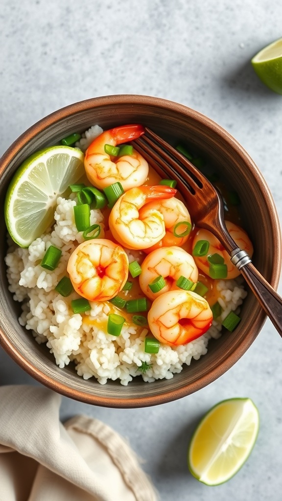 A bowl of shrimp and cauliflower rice topped with green onions and lime wedges.