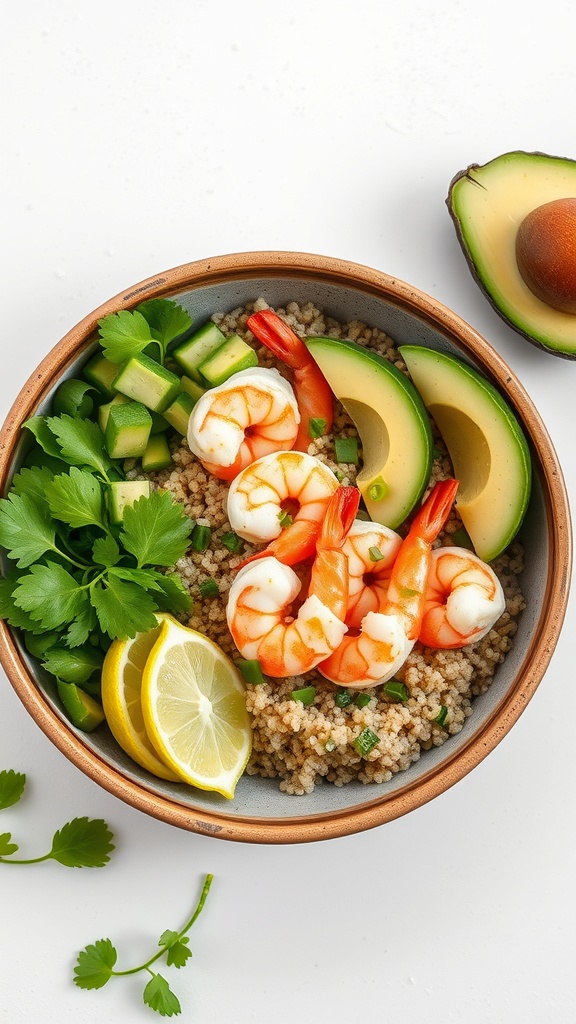 A colorful shrimp and quinoa bowl with avocado, cucumber, and lime.