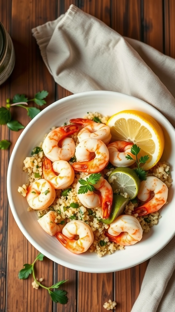 A bowl of shrimp and quinoa salad with fresh vegetables and lime wedges.