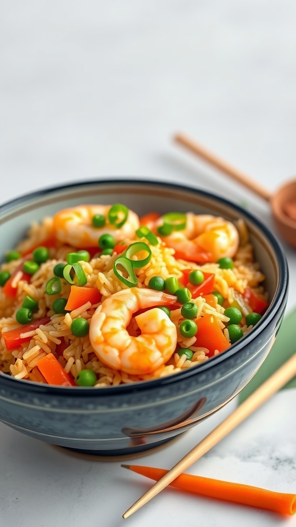 A bowl of Shrimp Fried Rice with Peas and Carrots, garnished with green onions.