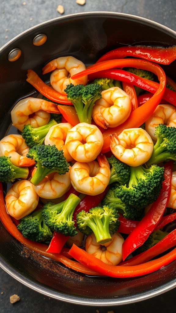 Shrimp stir-fry with broccoli and red bell peppers in a skillet.