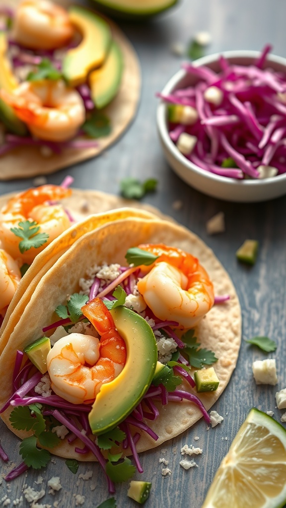 Shrimp tacos with avocado and cabbage slaw on a wooden table