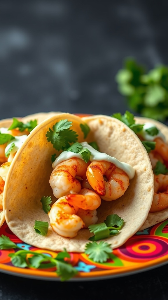 Shrimp tacos with avocado crema and cilantro on a colorful plate.
