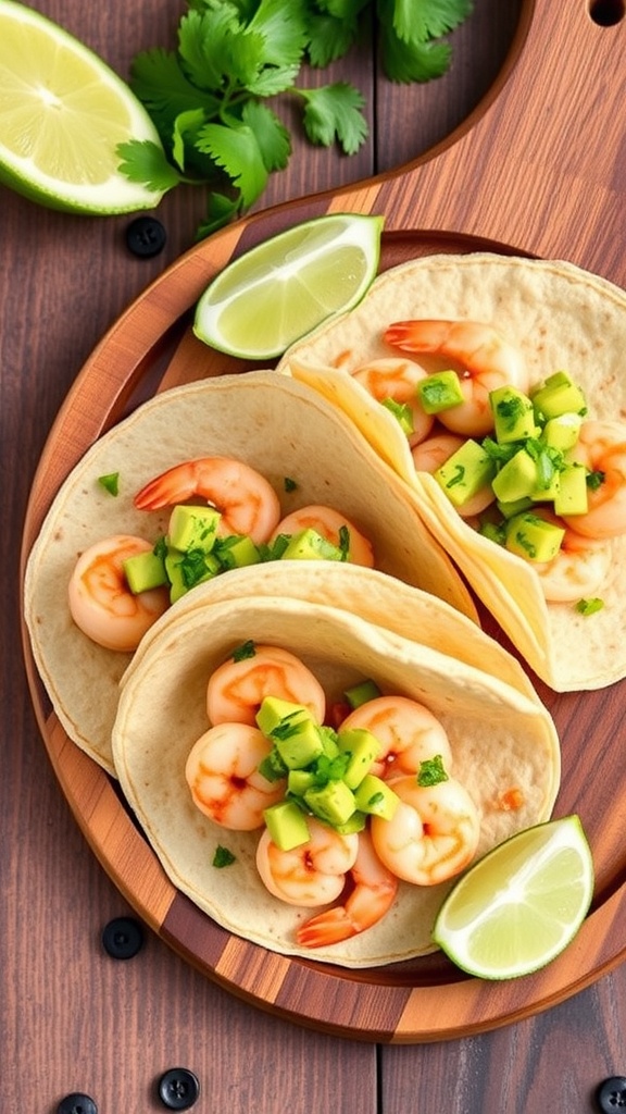 Shrimp tacos with avocado salsa on a wooden platter, garnished with lime and cilantro.