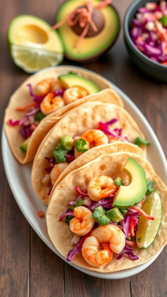 Shrimp tacos with cabbage slaw, avocado slices, and lime wedges on a wooden table.