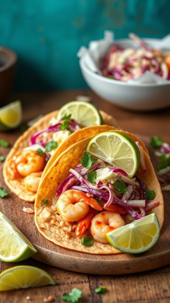 Shrimp tacos with cabbage slaw and lime wedges on a wooden table.