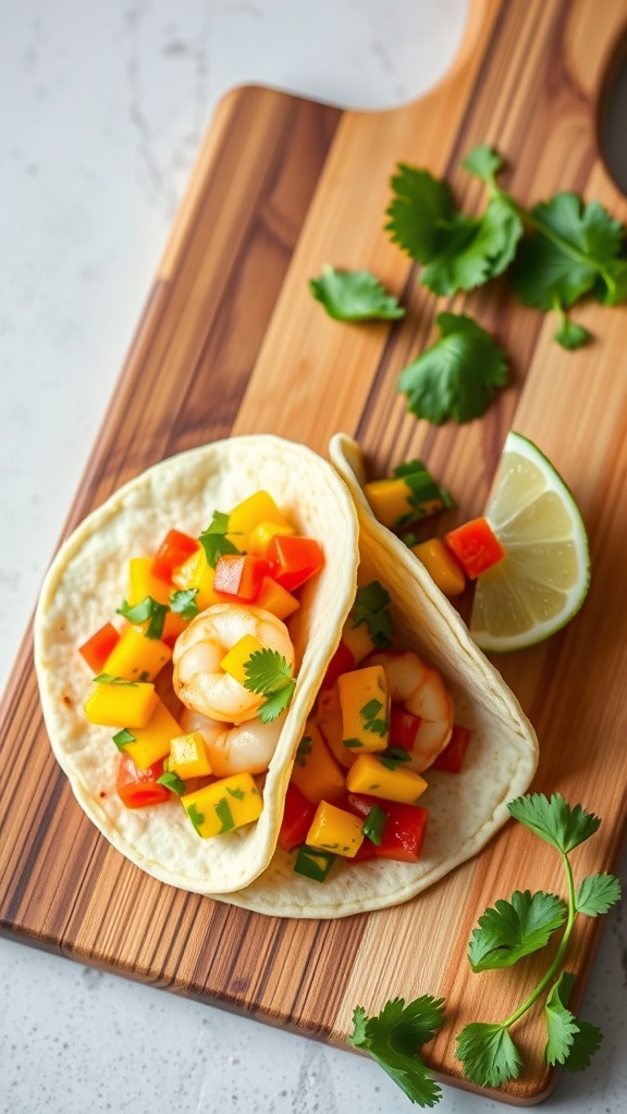 Shrimp tacos with mango salsa on a wooden cutting board