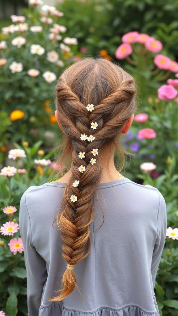 A side braid decorated with small white flowers, set against a colorful floral background.