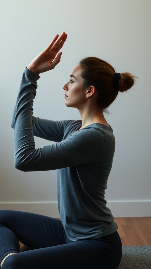 A person demonstrating the side stretch yoga move for jawline enhancement