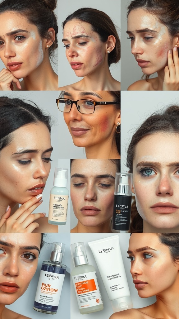 Collage of a woman showing various skincare expressions and products.