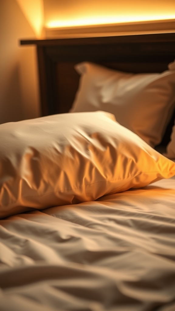 A cozy bed with a soft silk pillowcase, creating a serene sleeping environment.