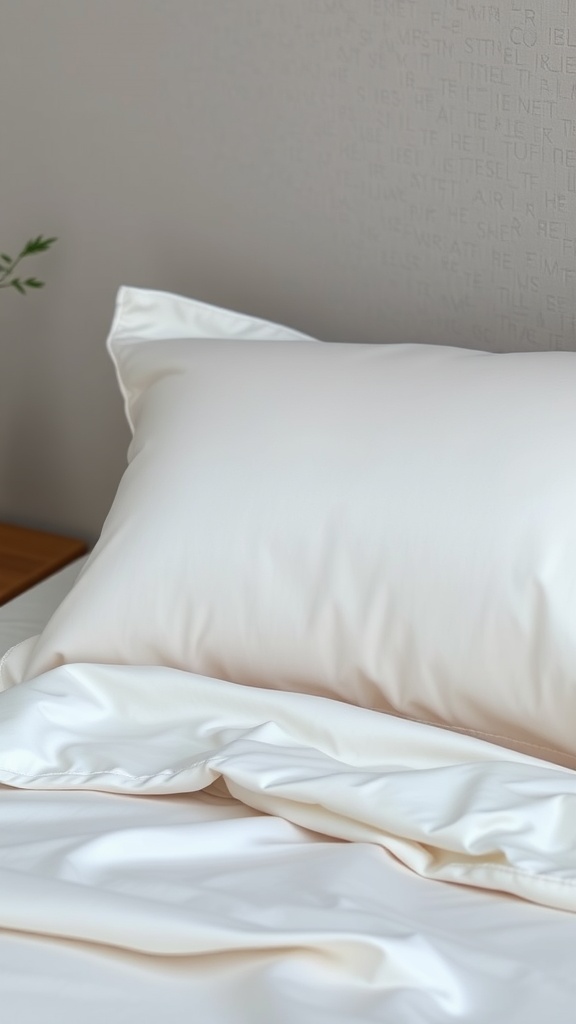 Close-up of a soft silk pillowcase on a neatly made bed.