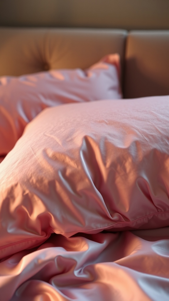 Silk pillowcases on a bed, showcasing a soft and smooth texture.