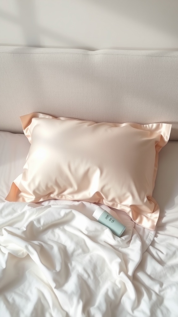 A soft silk pillowcase in a calming bedroom setting with a skincare product beside it.