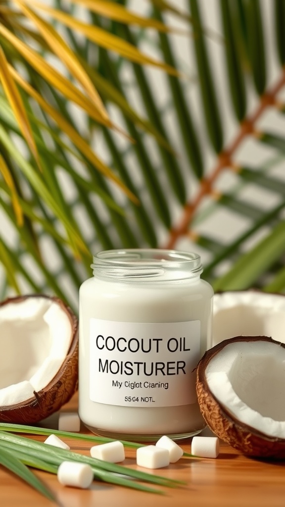 A jar of coconut oil moisturizer placed near coconut halves and tropical leaves, showcasing a natural skincare product.