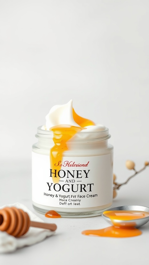 A jar of silky honey and yogurt face cream with a creamy texture and honey drizzle on top.