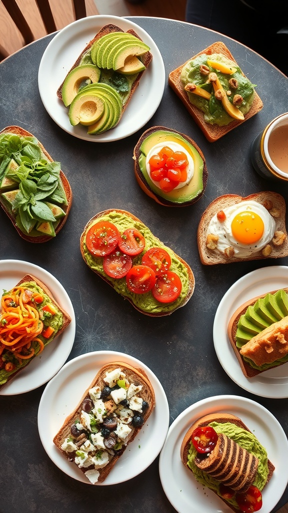 A variety of avocado toast topped with different ingredients like tomatoes, feta, and eggs.