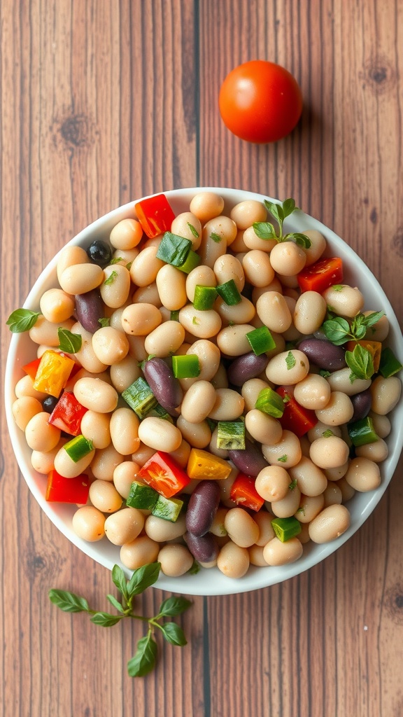 A colorful bowl of bean salad with various beans and diced vegetables.