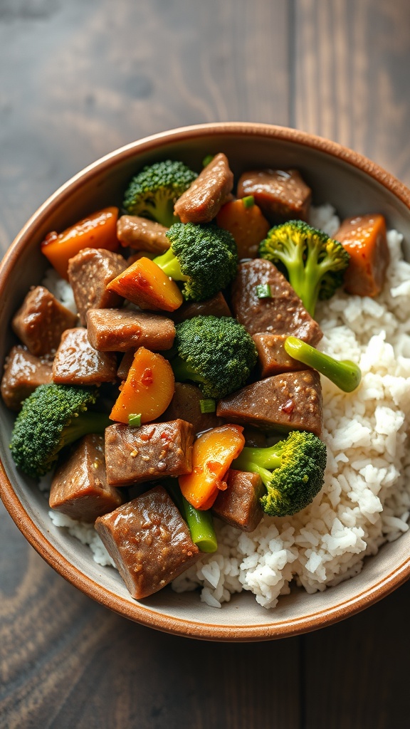 A bowl of beef and broccoli stir-fry served over rice.