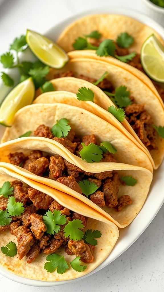 Simple beef tacos with toppings and lime wedges.