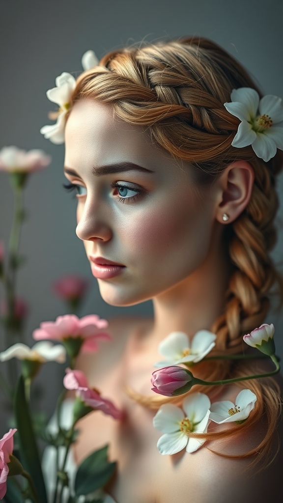 A woman with a braided crown hairstyle, adorned with flowers around her head.