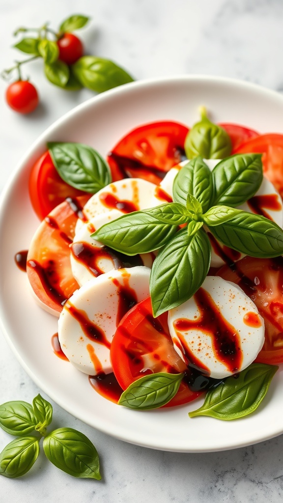 A plate of Caprese salad with sliced tomatoes, mozzarella, fresh basil, and balsamic reduction.