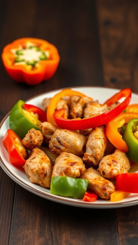 A plate of chicken fajitas with colorful bell peppers and onions.