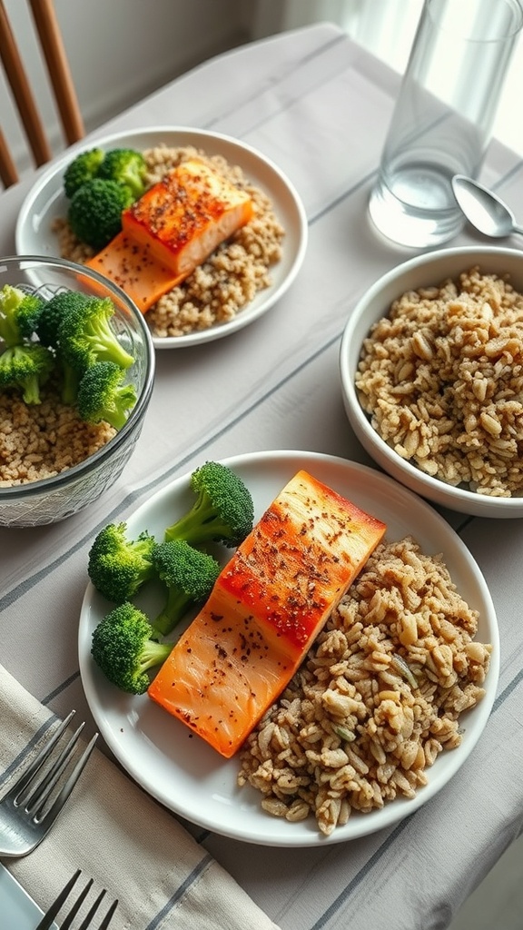 A healthy dinner meal prep with salmon, rice, and broccoli on plates.