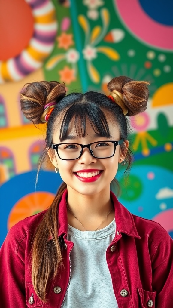 A young girl with double buns hairstyle, smiling brightly against a colorful background.