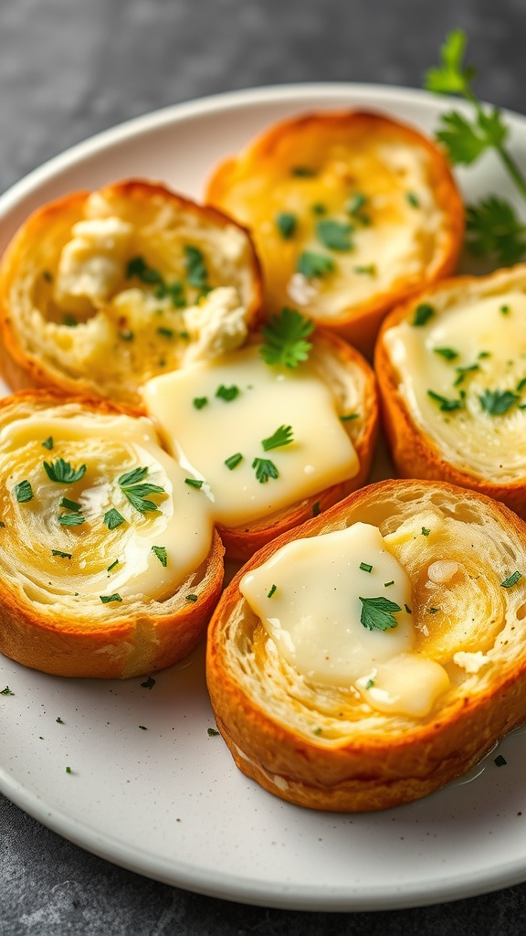 Slices of garlic bread topped with melted butter and parsley on a plate.