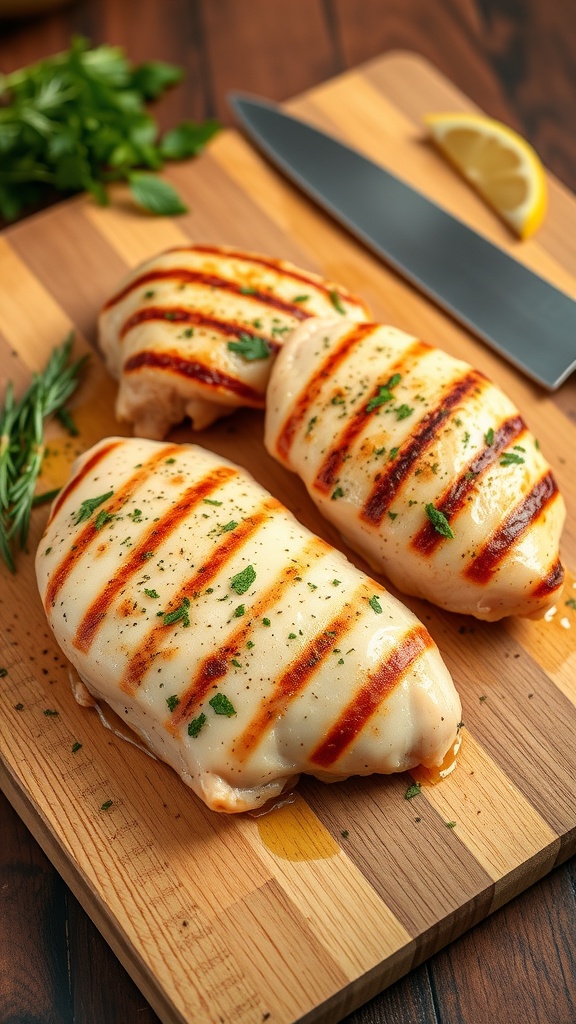 Grilled chicken breasts on a wooden cutting board with herbs and a knife