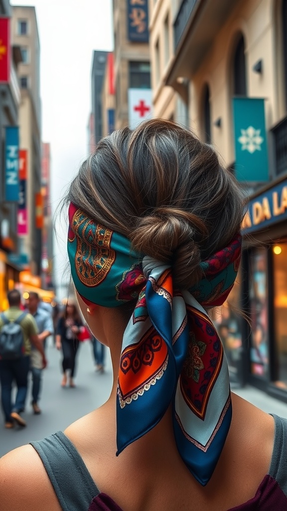 A woman with a stylish hair scarf, walking in a city street.