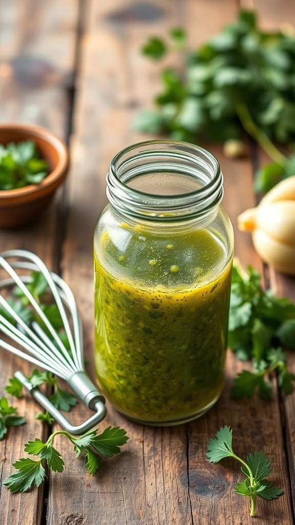 A jar of fresh herb vinaigrette with herbs and garlic around it.