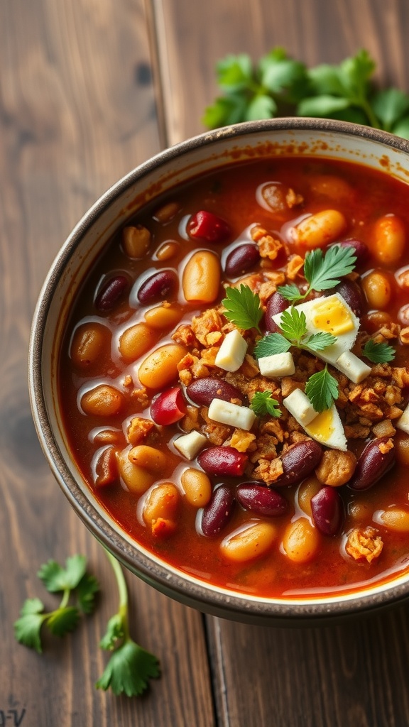 A bowl of hearty chili with assorted beans and garnished with cheese and cilantro.