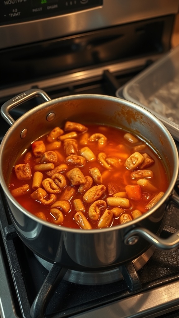A pot of pasta and vegetables simmering in a rich sauce on a stove.