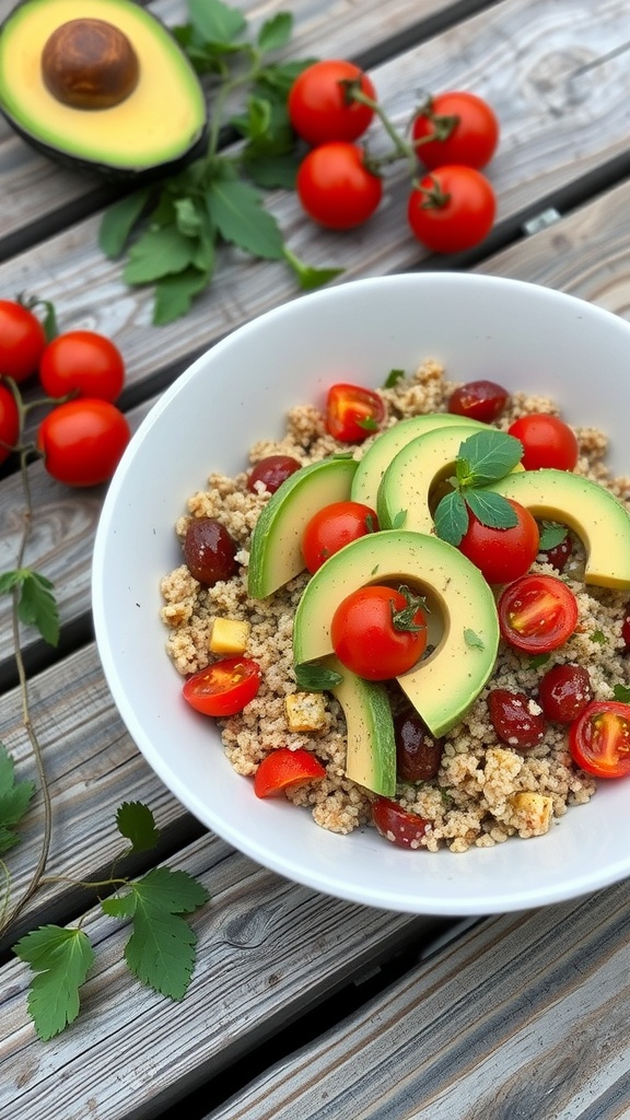 A bowl of quinoa salad topped with avocado and cherry tomatoes.
