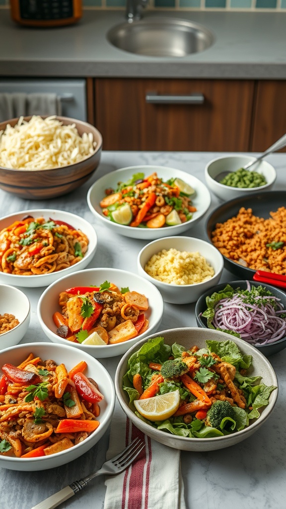 A colorful meal prep setup with various bowls of vegetables, grains, and proteins ready for quick meals.