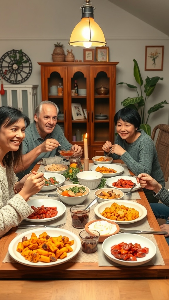 A family enjoying a meal together with various dishes on the table.