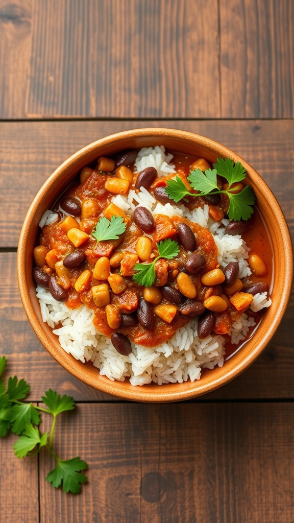 A bowl of rice topped with a mixture of beans and corn, garnished with cilantro.