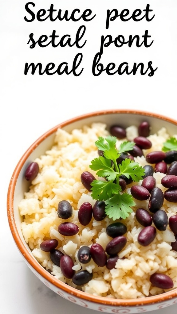 Bowl of rice topped with black and red beans, garnished with cilantro