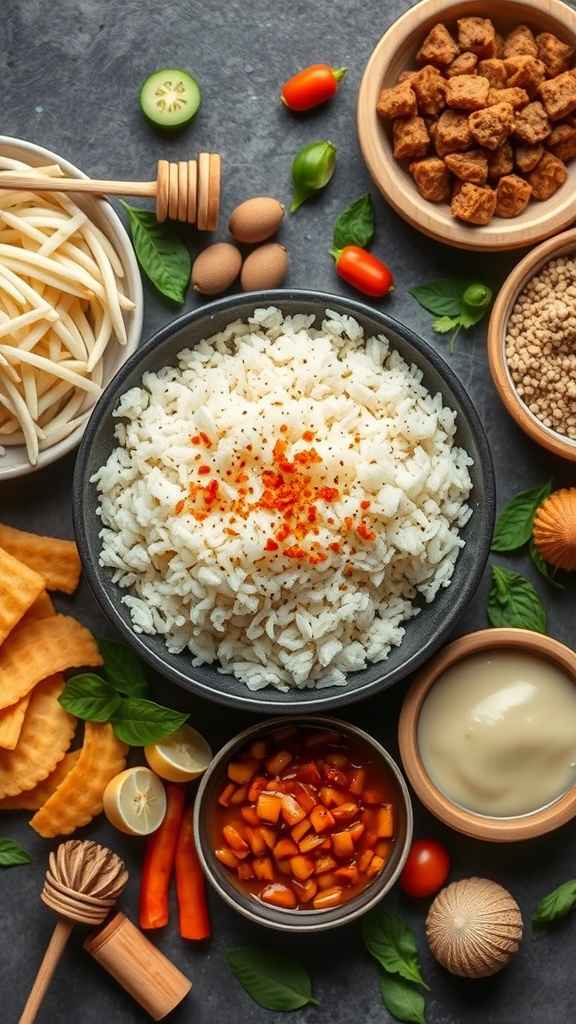 A variety of ingredients for meal prep including rice, vegetables, and sauces.