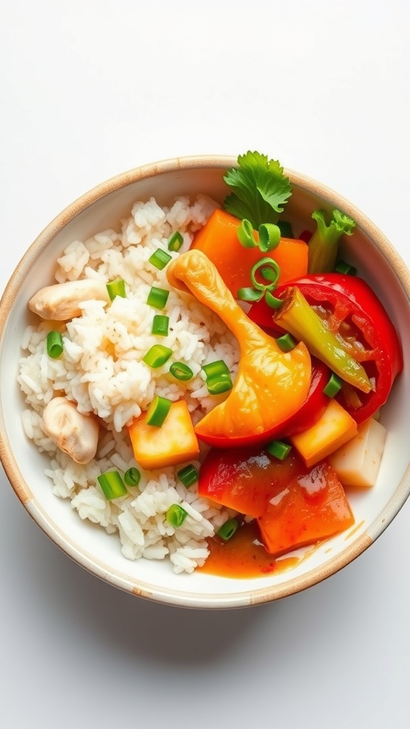 A colorful rice bowl with white rice, chicken, and mixed vegetables.