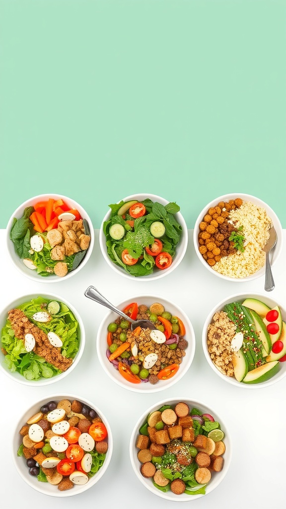An assortment of colorful salads in white bowls, showcasing various ingredients like greens, tomatoes, cucumbers, and grains.
