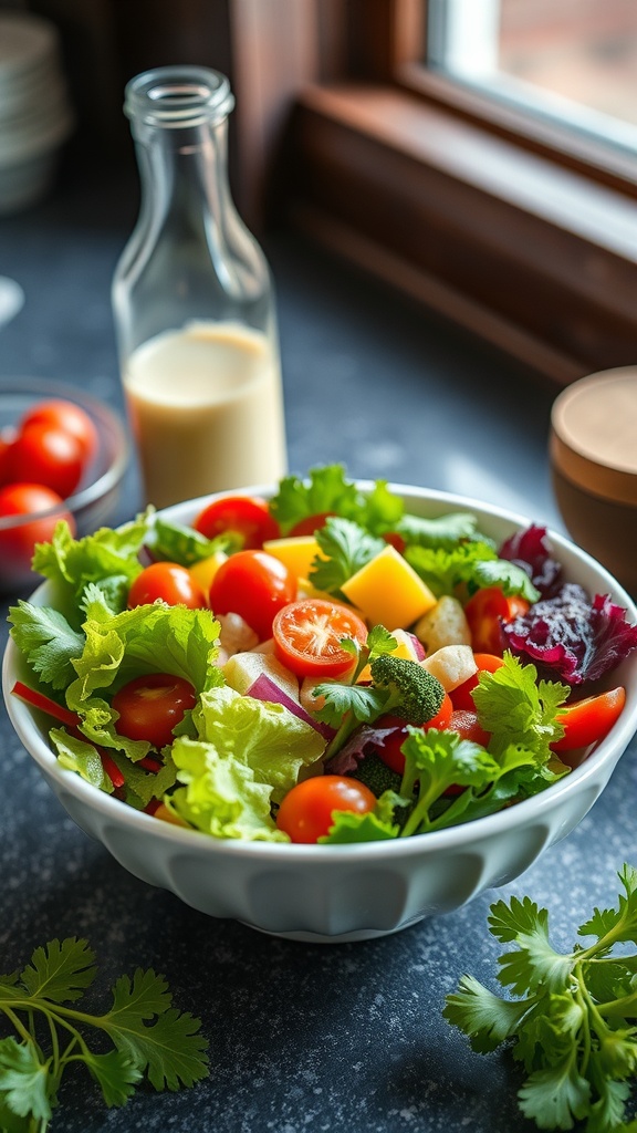 A fresh salad with mixed greens, cherry tomatoes, and colorful vegetables in a bowl.