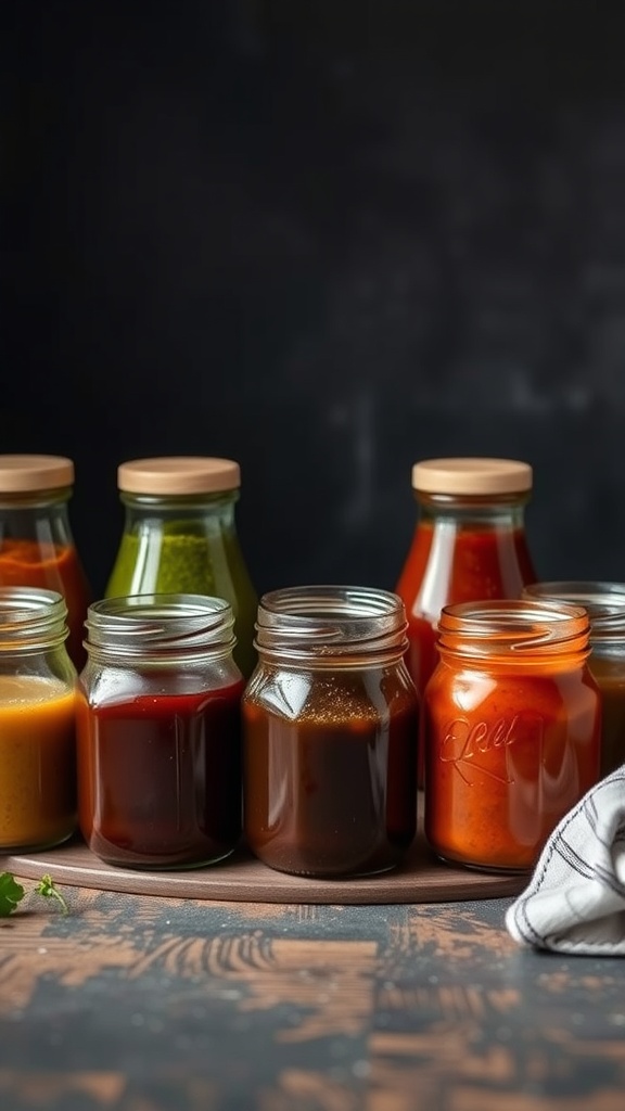 A variety of colorful sauces in jars on a wooden surface.