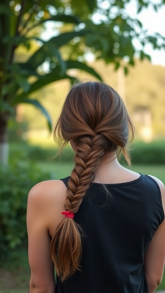 Woman's hair styled in a neat side braid secured with a red ribbon, in a green outdoor setting.