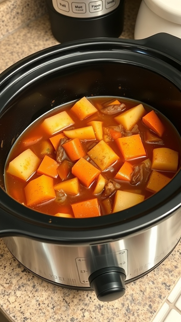 A slow cooker filled with a hearty vegetable stew, featuring chunks of potatoes and carrots in a savory broth.