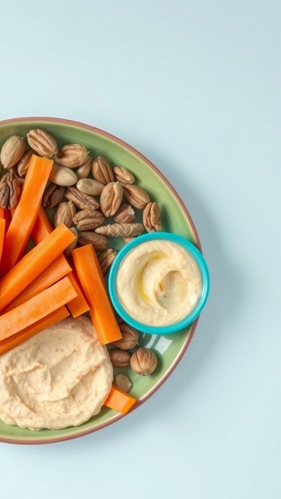 A colorful plate with carrot sticks, mixed nuts, and two dips.
