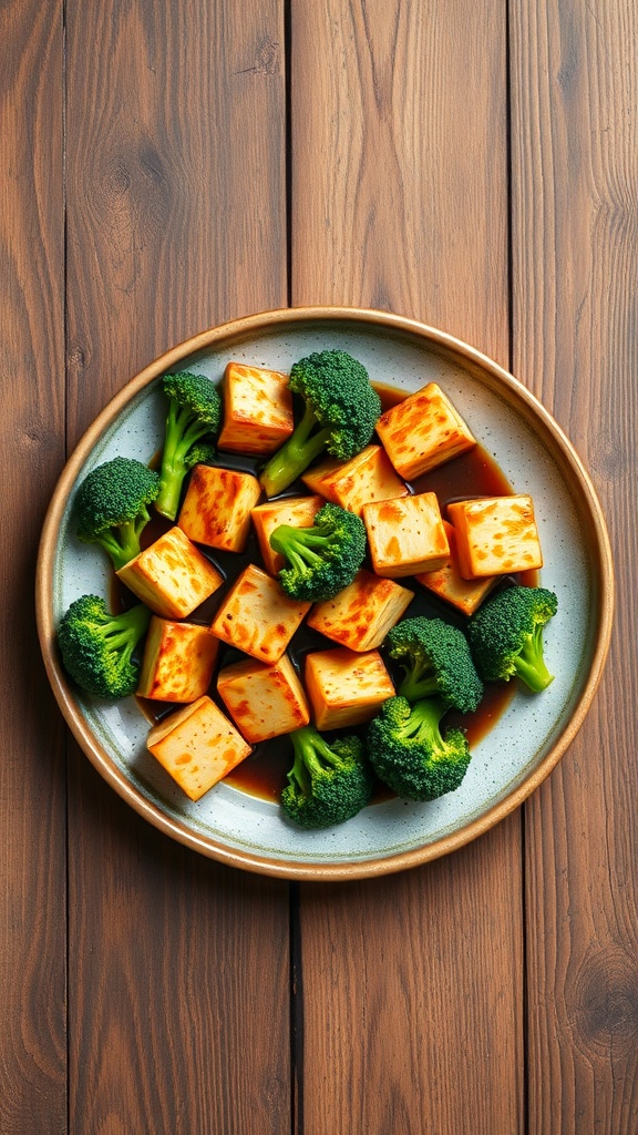 A plate of stir-fried tofu and broccoli on a wooden table.