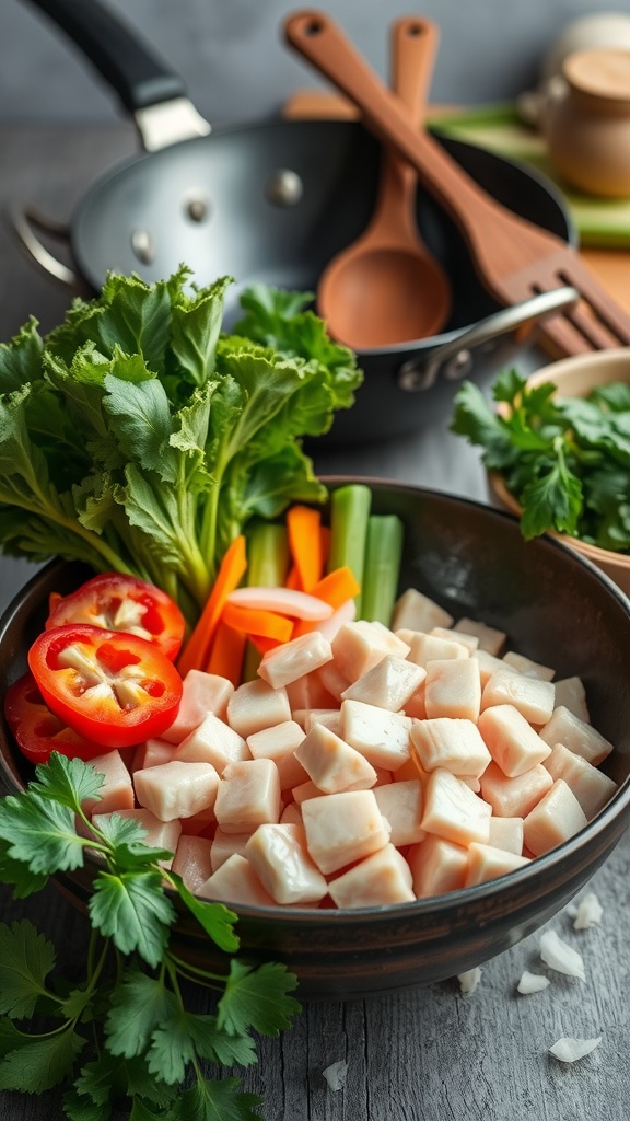 Ingredients and preparation setup for a stir-fry dish.